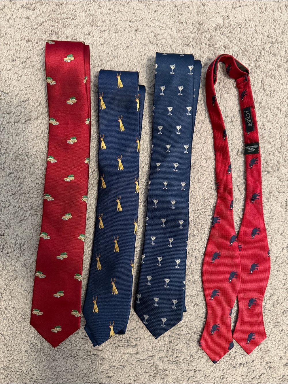 4 J.Crew Silk Ties - 2 Christmas, Martini & Elephant Bow Tie Blue Red